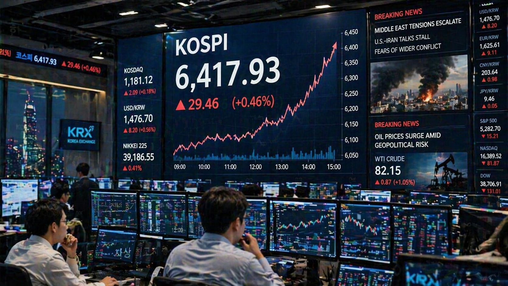 3-3 전쟁 리스크를 뚫고 6400선을 돌파한 코스피와 반도체 실적 랠리를 상징적으로 보여주는 금융시장 이미지.png