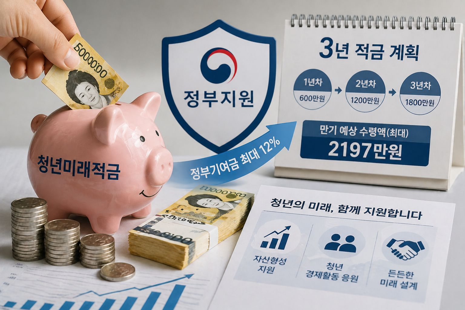 4 정부 12% 매칭 지원으로 3년 만에 2000만원대 목돈 형성을 돕는 청년미래적금 개념도.png