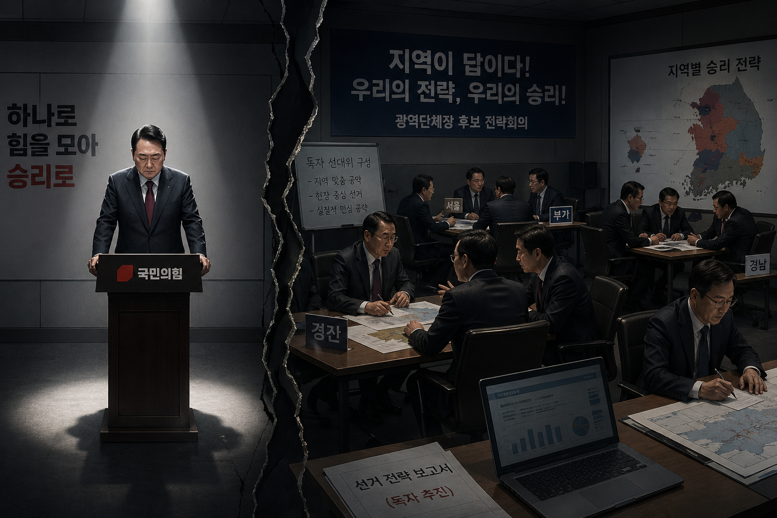7 지도부와 후보들이 분리된 선거 전략 구도를 상징적으로 표현한 정치 일러스트.png