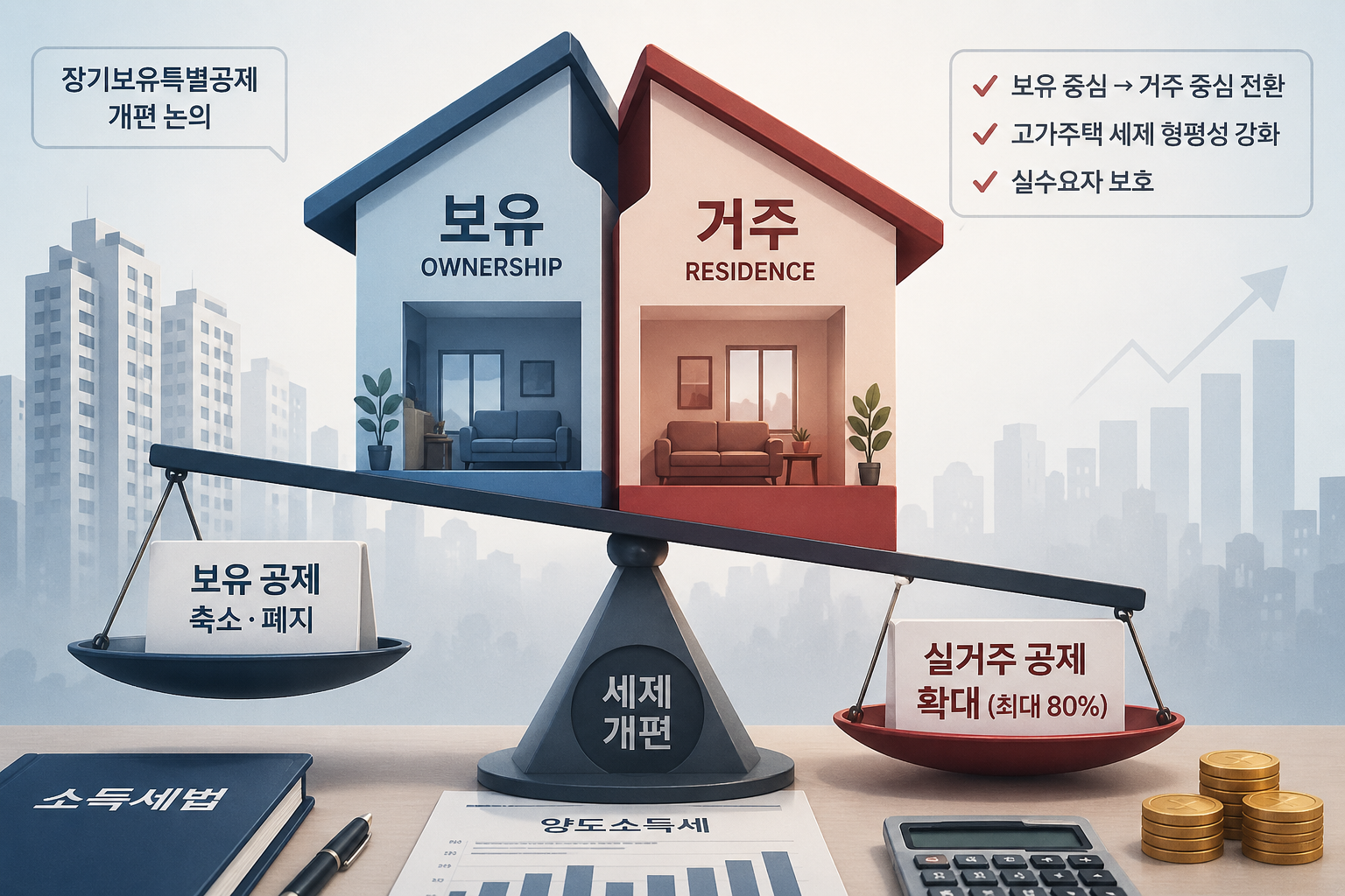 1 ‘보유’와 ‘거주’로 나뉜 주택 모형과 기울어진 세제 저울.png