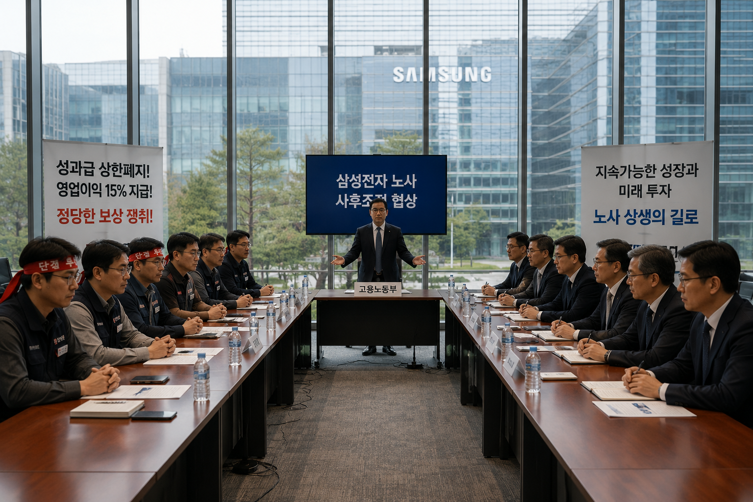 3 정부 중재 아래 마주 앉은 삼성전자 노사 협상 테이블의 긴장된 순간.png