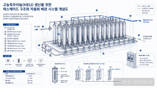 7 고농축우라늄 생산을 위한 캐스케이드 구조와 자동화 배관 시스템 개념도.png