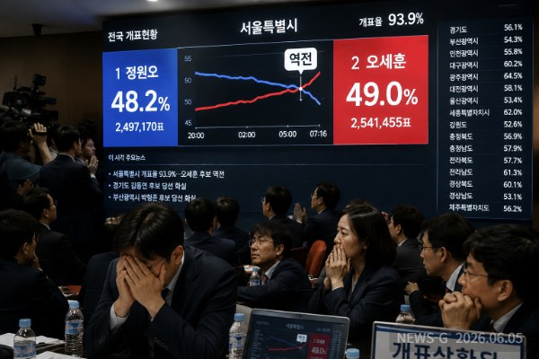 7 서울 개표 역전 순간을 보여주는 긴장감 있는 선거 상황 장면.png