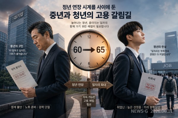 2 정년 연장 시계를 사이에 둔 중년과 청년의 고용 갈림길.png