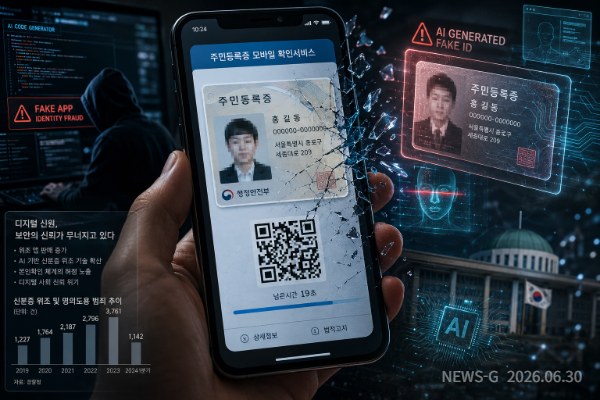 3 AI 위조 기술 확산으로 스마트폰 속 디지털 신분증의 신뢰가 흔들리는 사회적 위기를 상징적으로 표현한 이미지.png