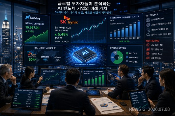 1 ⑤ 한글 제목 글로벌 투자자들이 AI 반도체 기업의 미래 가치를 분석하는 국제 금융시장 장면을 표현한 이미지.png