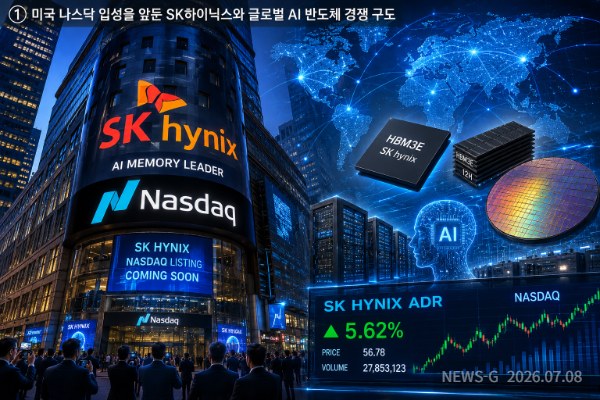 1 ① 한글 제목 미국 나스닥 입성을 앞둔 SK하이닉스와 글로벌 AI 반도체 경쟁 구도를 상징적으로 표현한 이미지.png