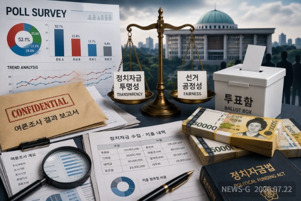 1 여론조사와 정치자금 그리고 선거의 공정성 논란을 한 화면에 담은 시사 그래픽 이미지.png